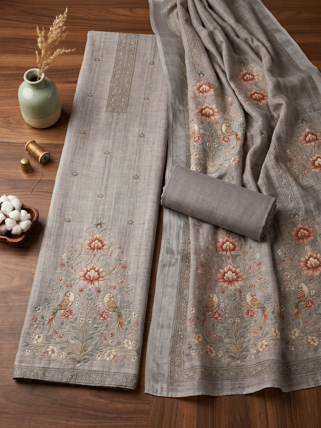 Embroidered Linen Unstitched Suit With Dupatta
