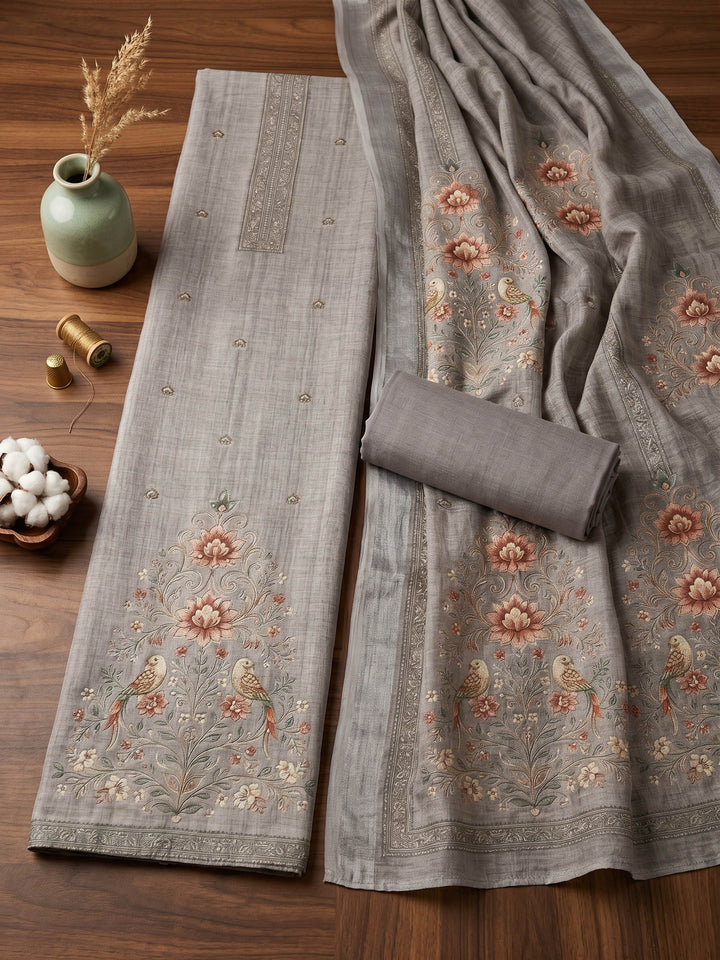 Embroidered Linen Unstitched Suit With Dupatta