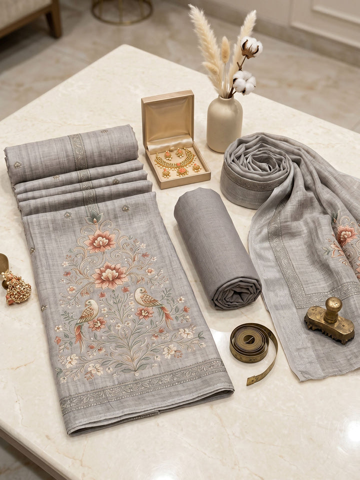 Embroidered Linen Unstitched Suit With Dupatta