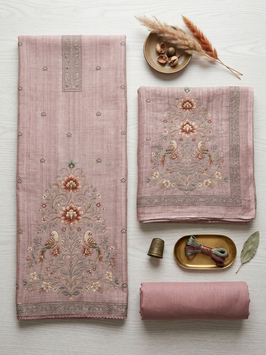 Embroidered Linen Unstitched Suit With Dupatta