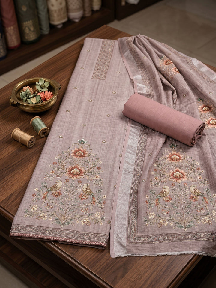 Embroidered Linen Unstitched Suit With Dupatta