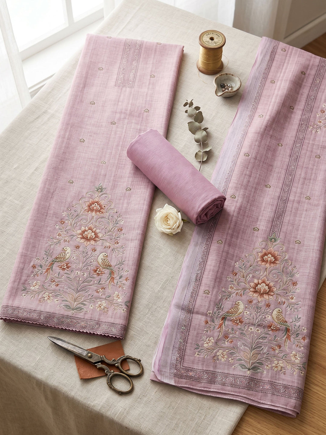 Embroidered Linen Unstitched Suit With Dupatta