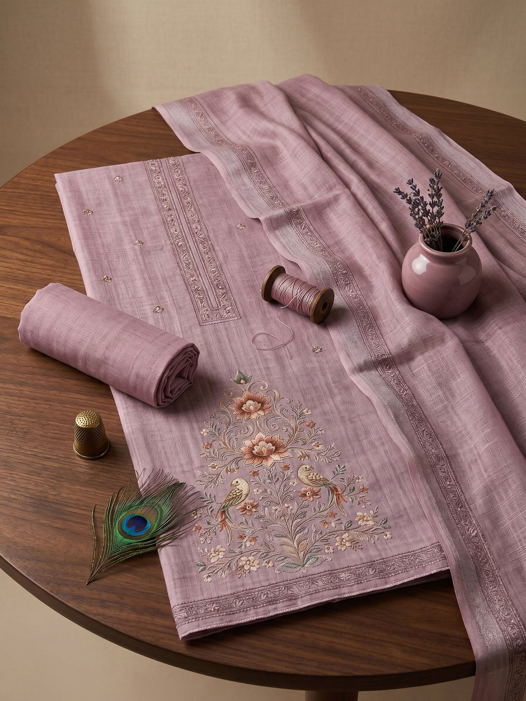 Embroidered Linen Unstitched Suit With Dupatta