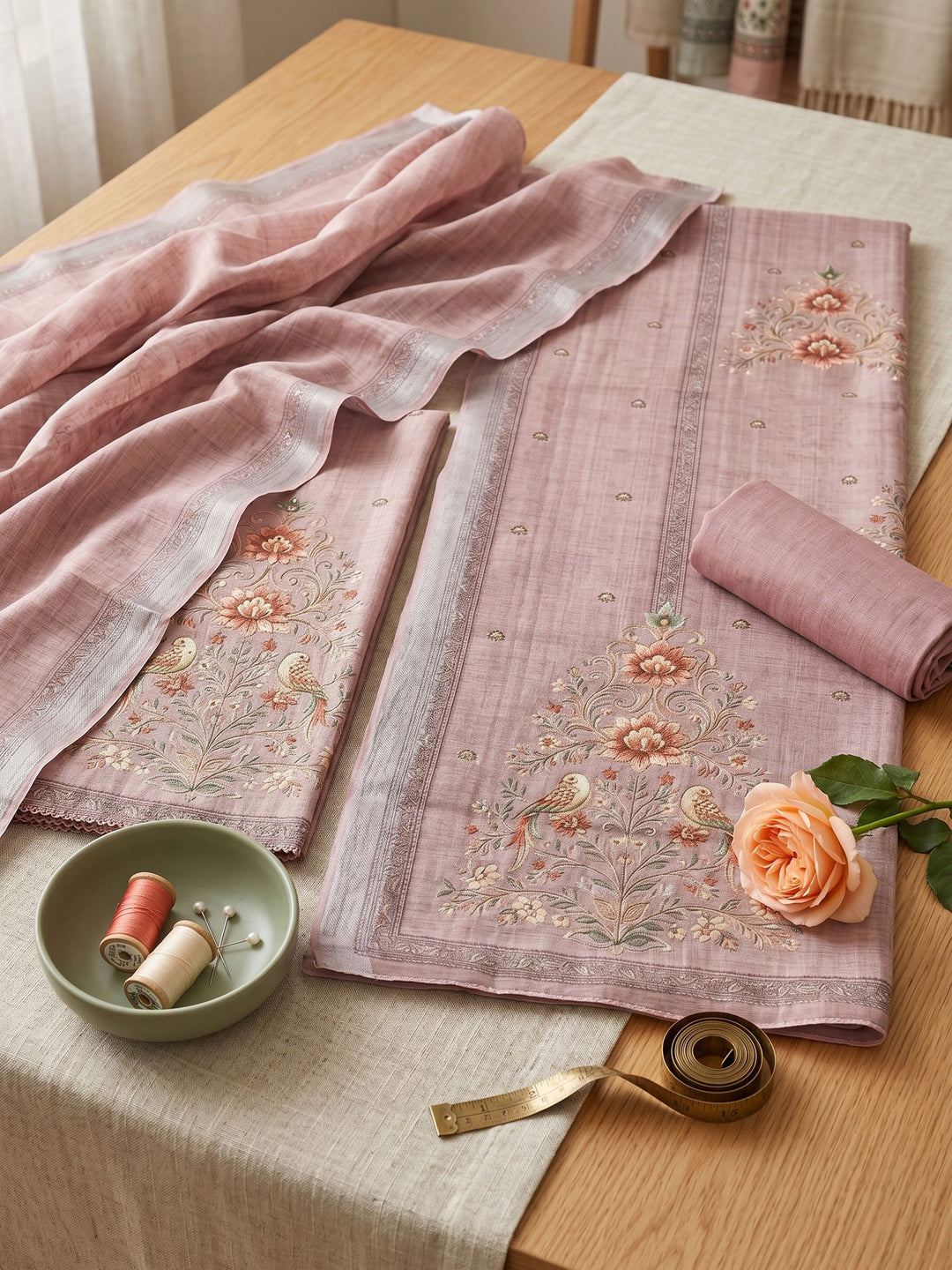 Embroidered Linen Unstitched Suit With Dupatta