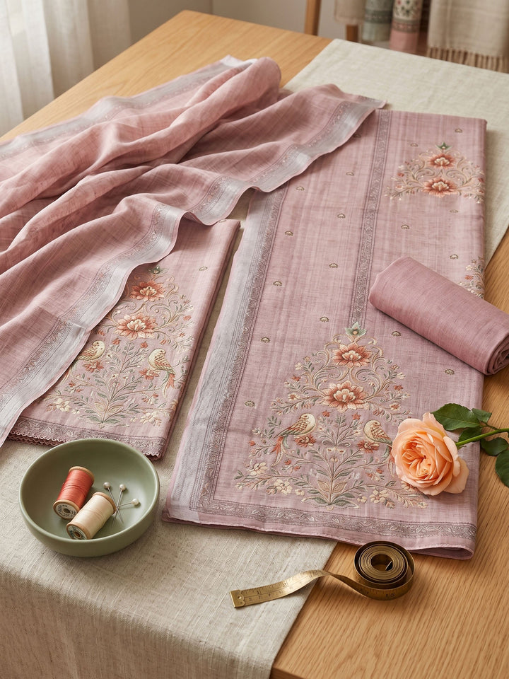 Embroidered Linen Unstitched Suit With Dupatta
