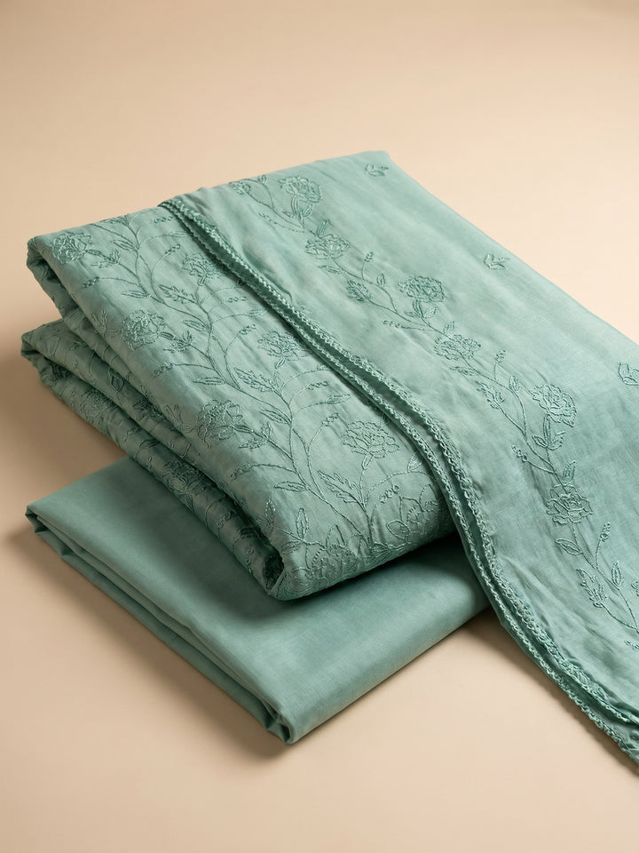 Firozee Embroidered Chanderi Unstitched Suit &amp; Pant With Chanderi Dupatta