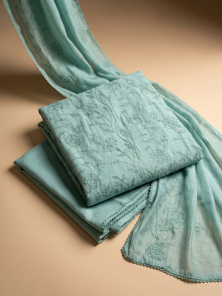 Firozee Embroidered Chanderi Unstitched Suit &amp; Pant With Chanderi Dupatta