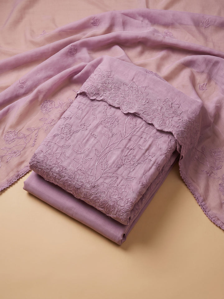 Lavender Embroidered Chanderi Unstitched Suit &amp; Pant With Chanderi Dupatta