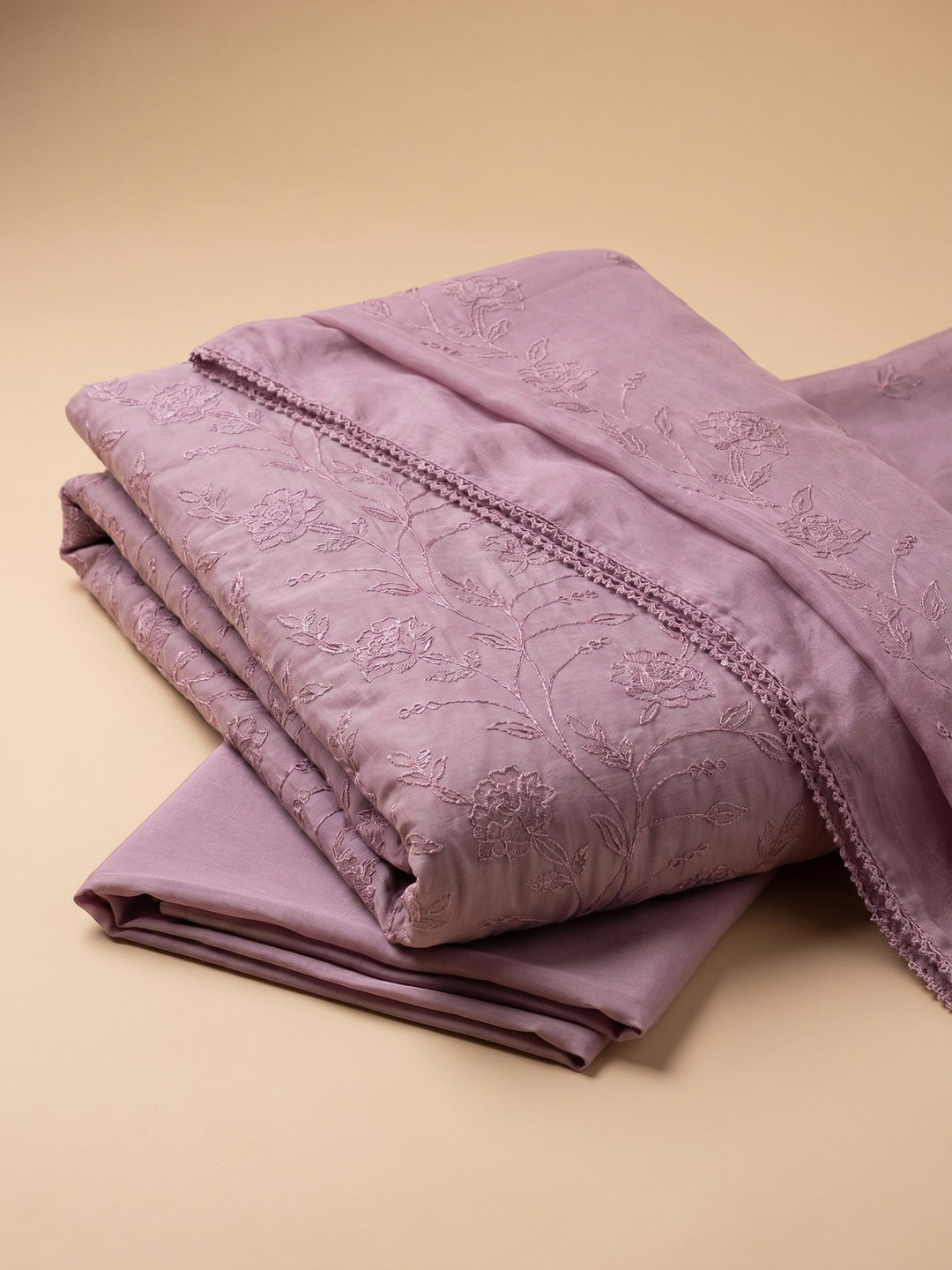 Lavender Embroidered Chanderi Unstitched Suit &amp; Pant With Chanderi Dupatta