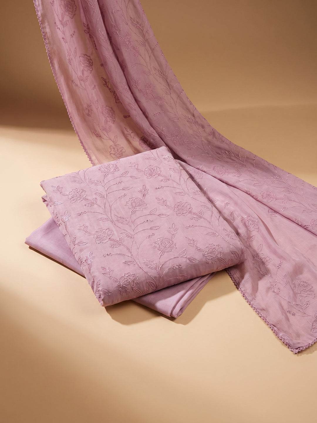 Lavender Embroidered Chanderi Unstitched Suit &amp; Pant With Chanderi Dupatta