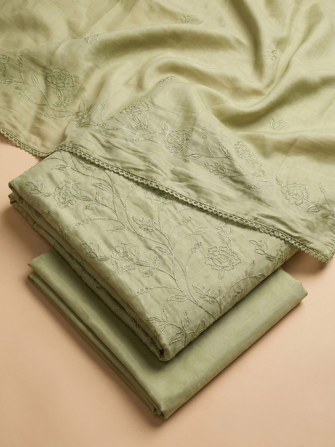 Mehndi Embroidered Chanderi Unstitched Suit &amp; Pant With Chanderi Dupatta