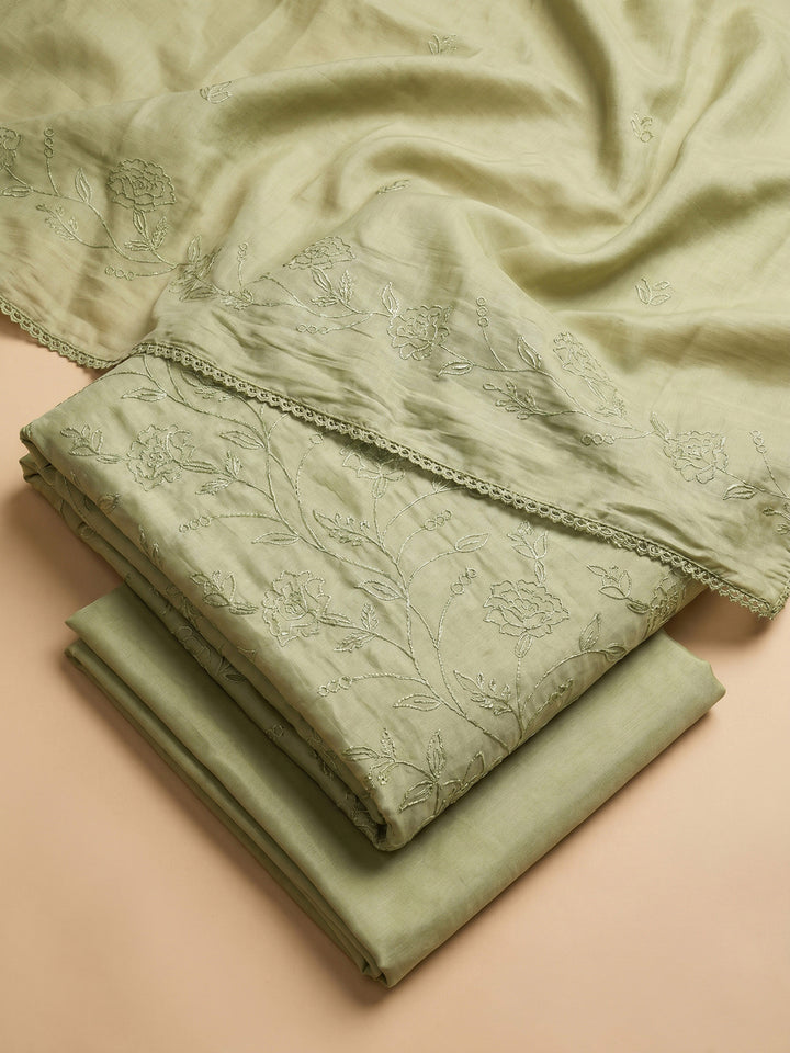 Mehndi Embroidered Chanderi Unstitched Suit &amp; Pant With Chanderi Dupatta
