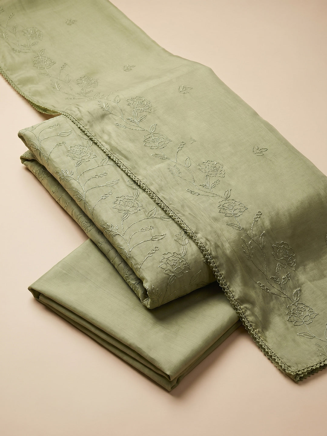 Mehndi Embroidered Chanderi Unstitched Suit &amp; Pant With Chanderi Dupatta