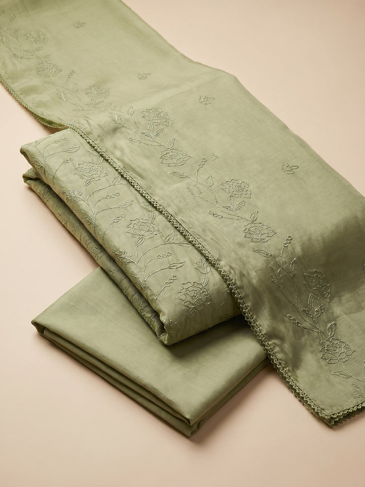 Mehndi Embroidered Chanderi Unstitched Suit &amp; Pant With Chanderi Dupatta