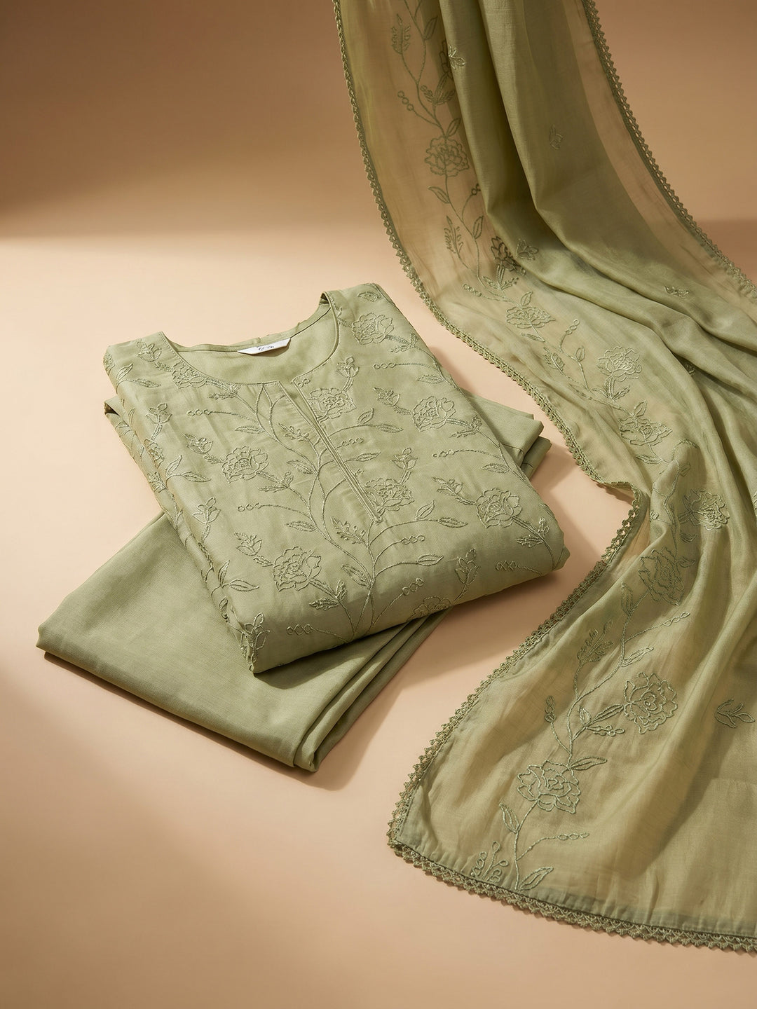 Mehndi Embroidered Chanderi Unstitched Suit &amp; Pant With Chanderi Dupatta