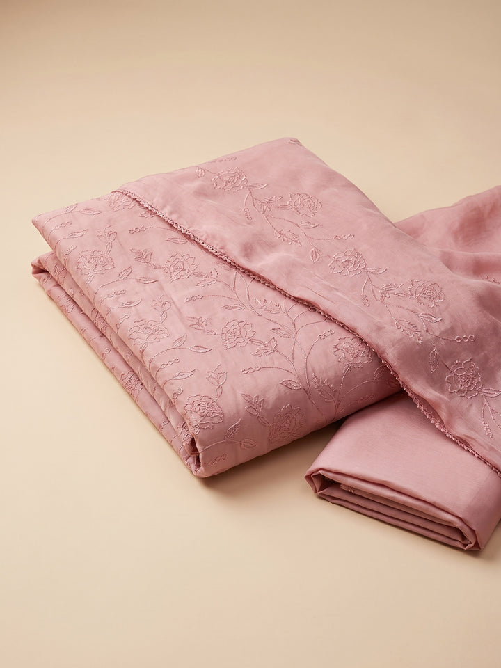 Peach Embroidered Chanderi Unstitched Suit &amp; Pant With Chanderi Dupatta