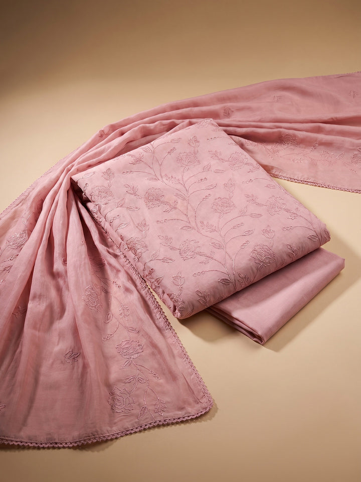 Peach Embroidered Chanderi Unstitched Suit &amp; Pant With Chanderi Dupatta