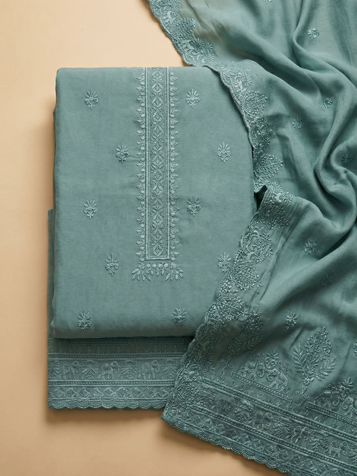 Aqua Green Embroidered Chanderi Unstitched Suit &amp; Pant With Chanderi Dupatta