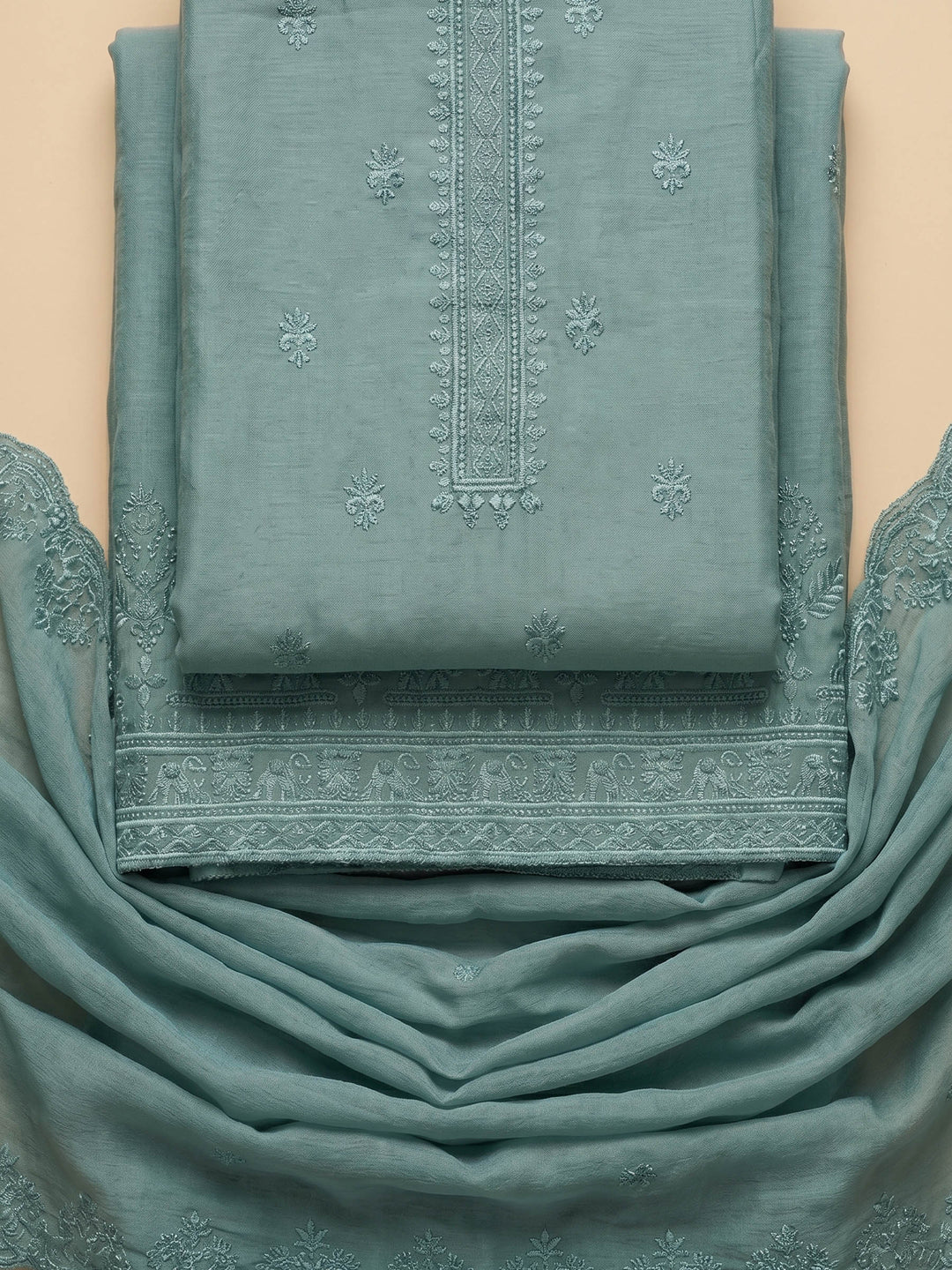 Aqua Green Embroidered Chanderi Unstitched Suit &amp; Pant With Chanderi Dupatta