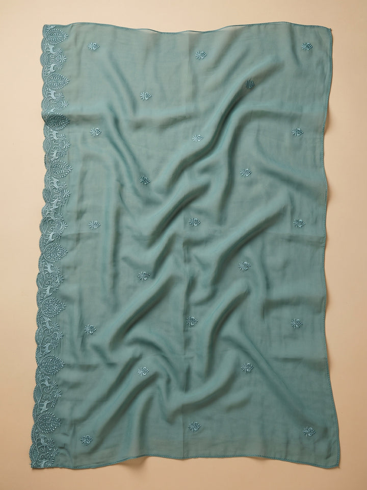 Aqua Green Embroidered Chanderi Unstitched Suit &amp; Pant With Chanderi Dupatta