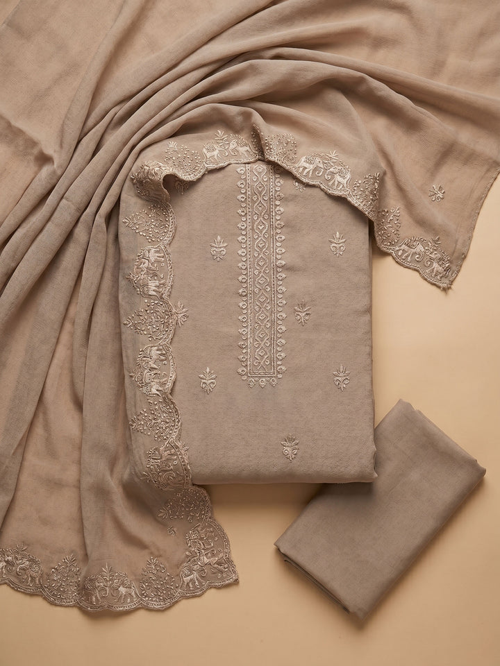 Chikoo Embroidered Chanderi Unstitched Suit &amp; Pant With Chanderi Dupatta