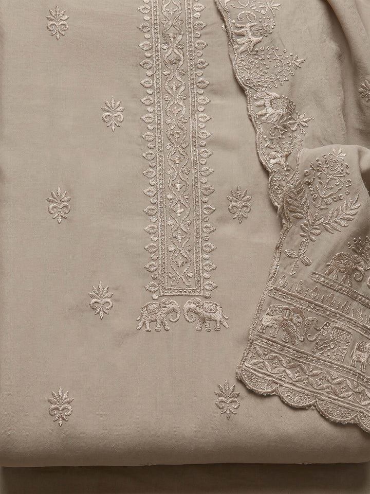 Chikoo Embroidered Chanderi Unstitched Suit &amp; Pant With Chanderi Dupatta