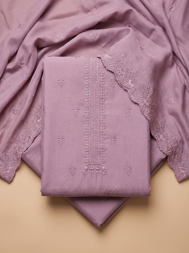 Lavender Embroidered Chanderi Unstitched Suit &amp; Pant With Chanderi Dupatta