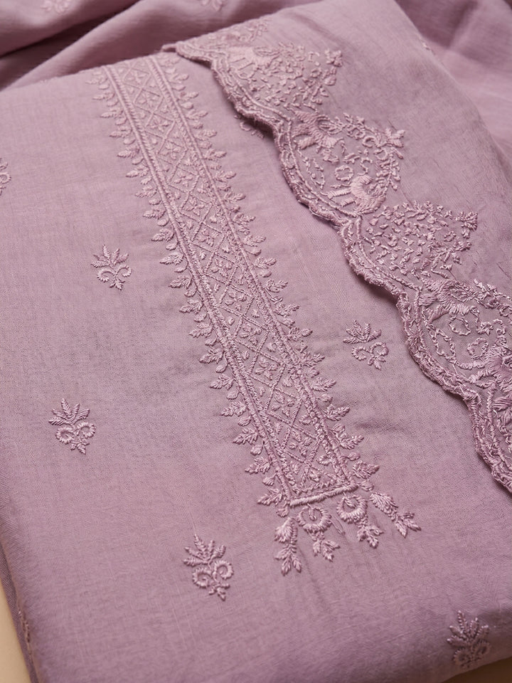 Lavender Embroidered Chanderi Unstitched Suit &amp; Pant With Chanderi Dupatta