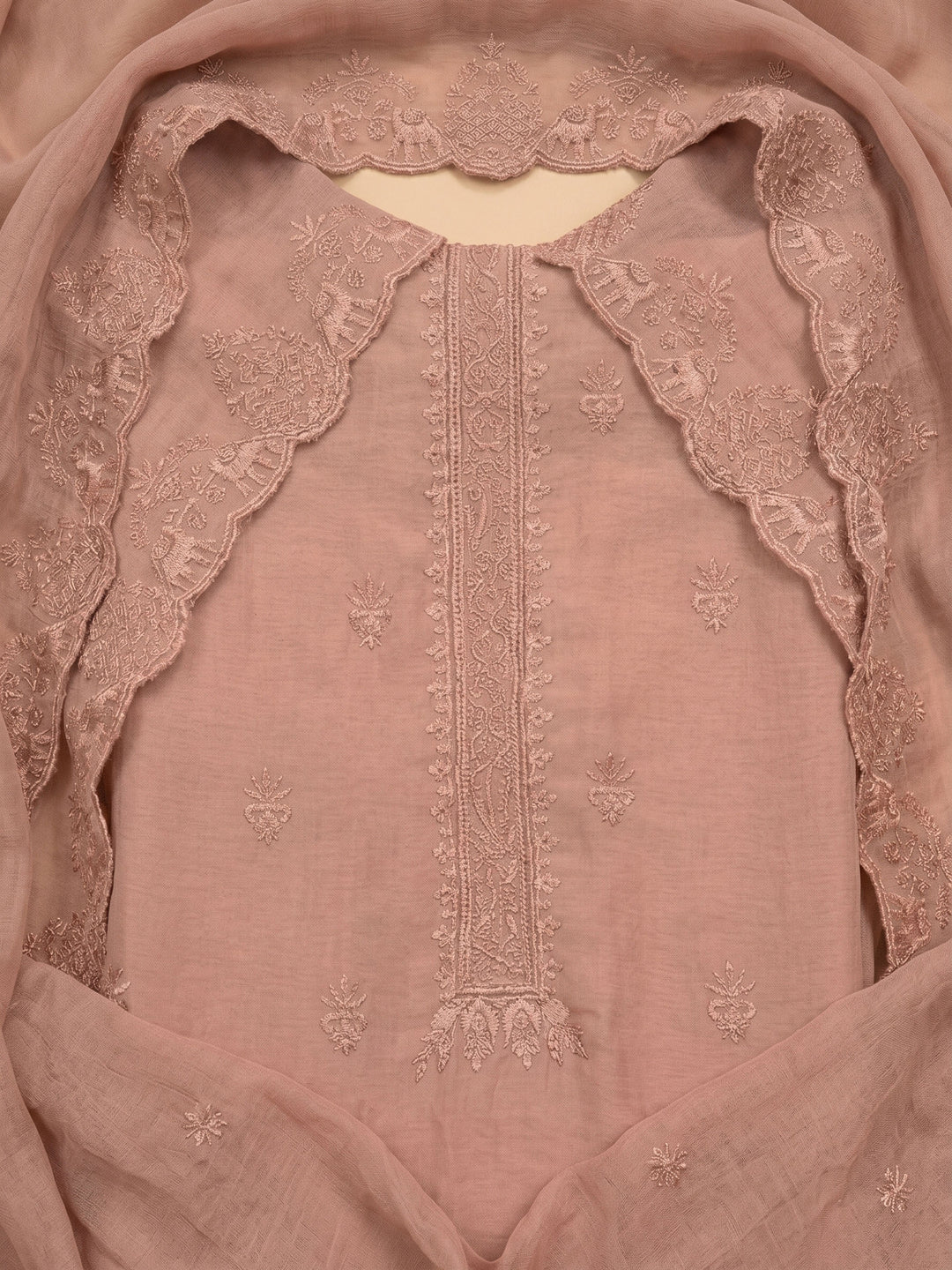 Peach Embroidered Chanderi Unstitched Suit &amp; Pant With Chanderi Dupatta