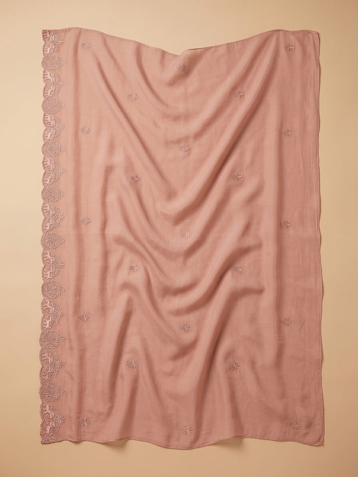 Peach Embroidered Chanderi Unstitched Suit &amp; Pant With Chanderi Dupatta