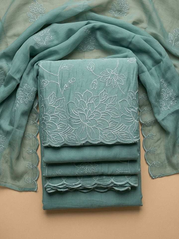 Aqua Green Embroidered Chanderi Unstitched Suit &amp; Pant With Chanderi Dupatta