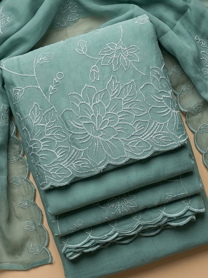 Aqua Green Embroidered Chanderi Unstitched Suit &amp; Pant With Chanderi Dupatta