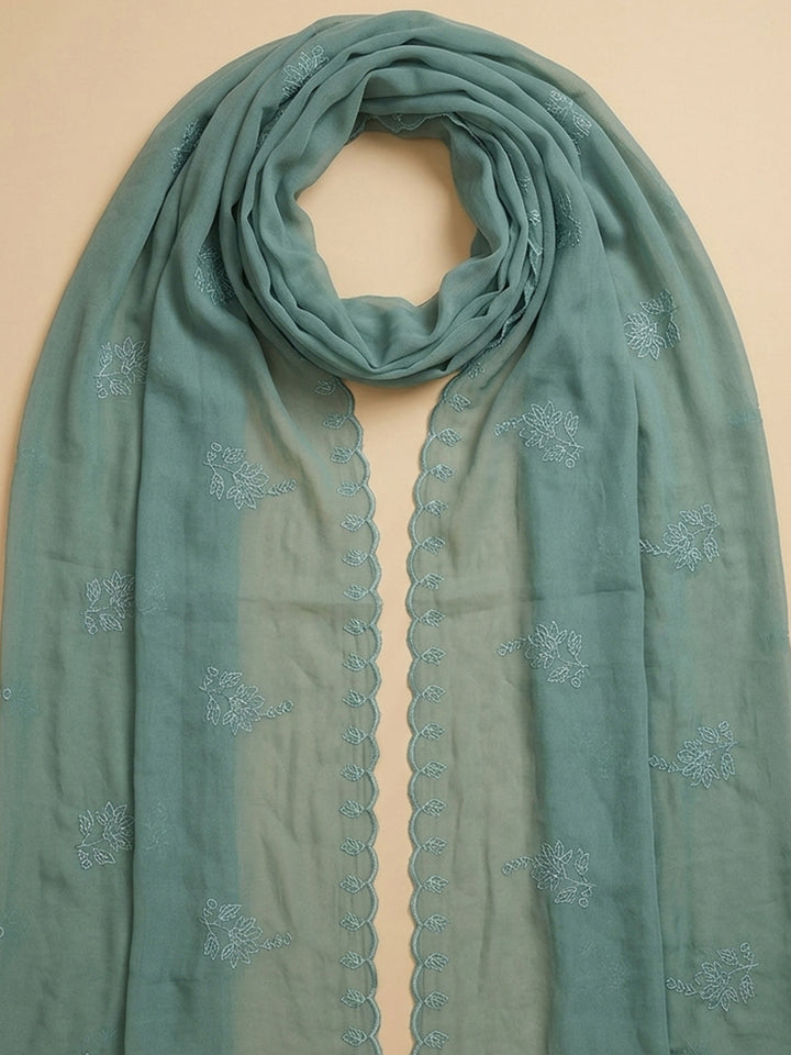 Aqua Green Embroidered Chanderi Unstitched Suit &amp; Pant With Chanderi Dupatta