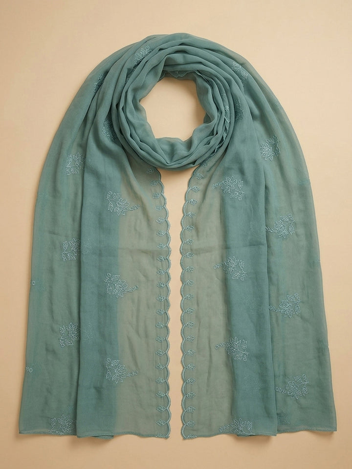 Aqua Green Embroidered Chanderi Unstitched Suit &amp; Pant With Chanderi Dupatta