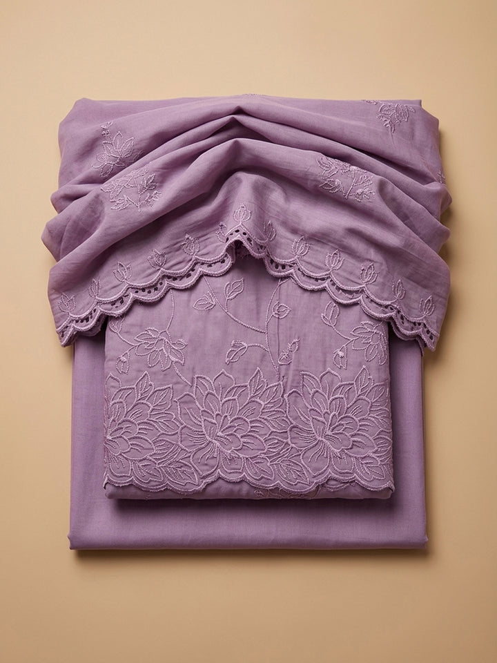 Lavender Embroidered Chanderi Unstitched Suit &amp; Pant With Chanderi Dupatta