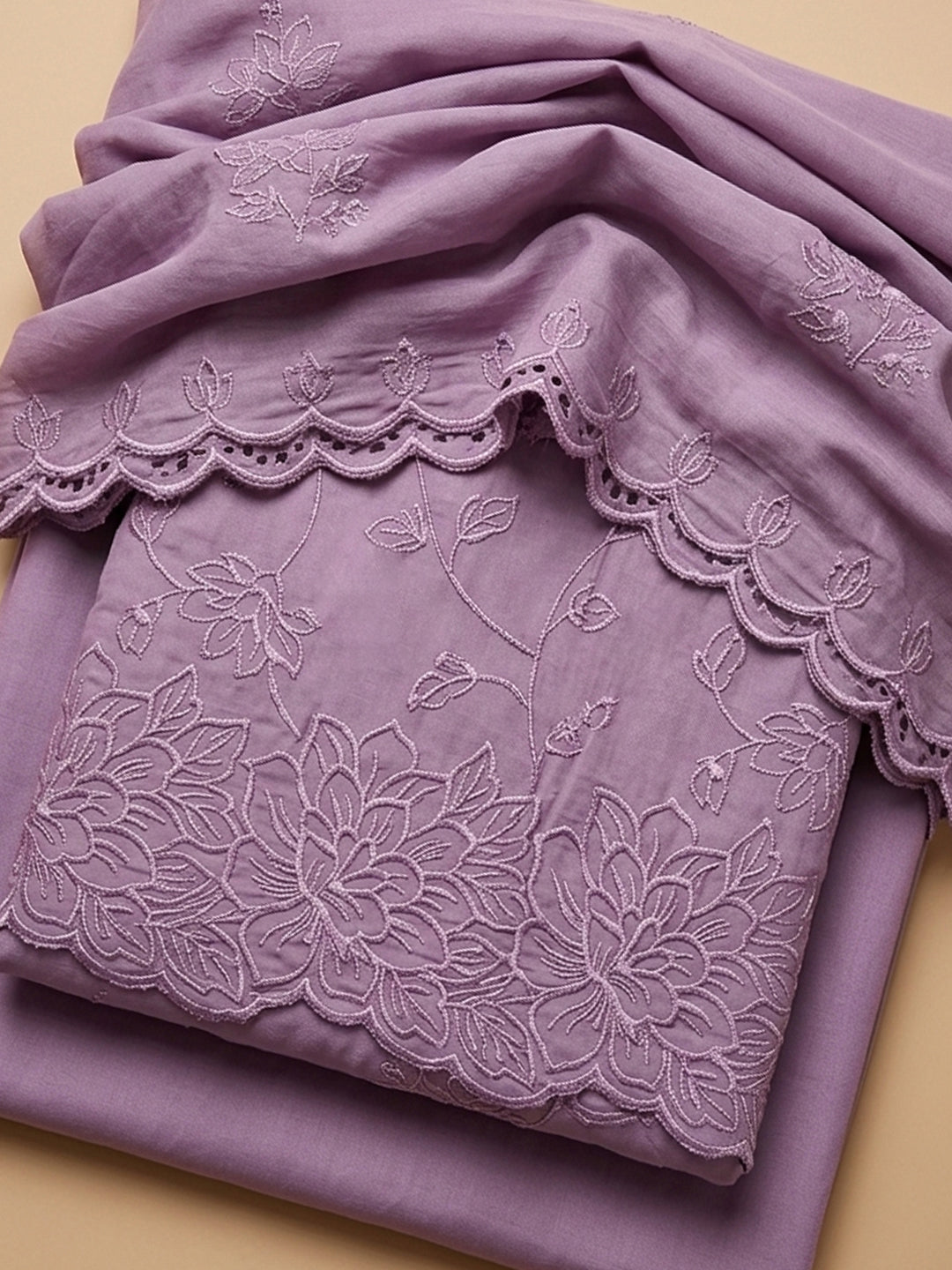 Lavender Embroidered Chanderi Unstitched Suit &amp; Pant With Chanderi Dupatta