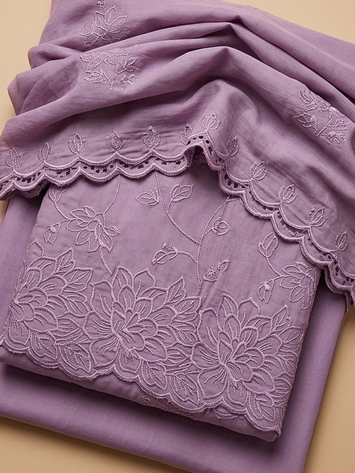Lavender Embroidered Chanderi Unstitched Suit &amp; Pant With Chanderi Dupatta