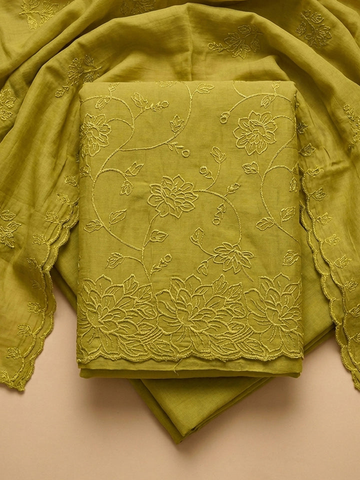 Lemon Embroidered Chanderi Unstitched Suit &amp; Pant With Chanderi Dupatta