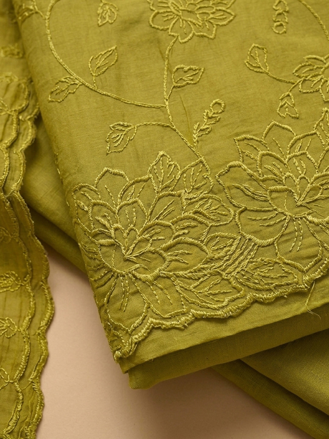 Lemon Embroidered Chanderi Unstitched Suit &amp; Pant With Chanderi Dupatta