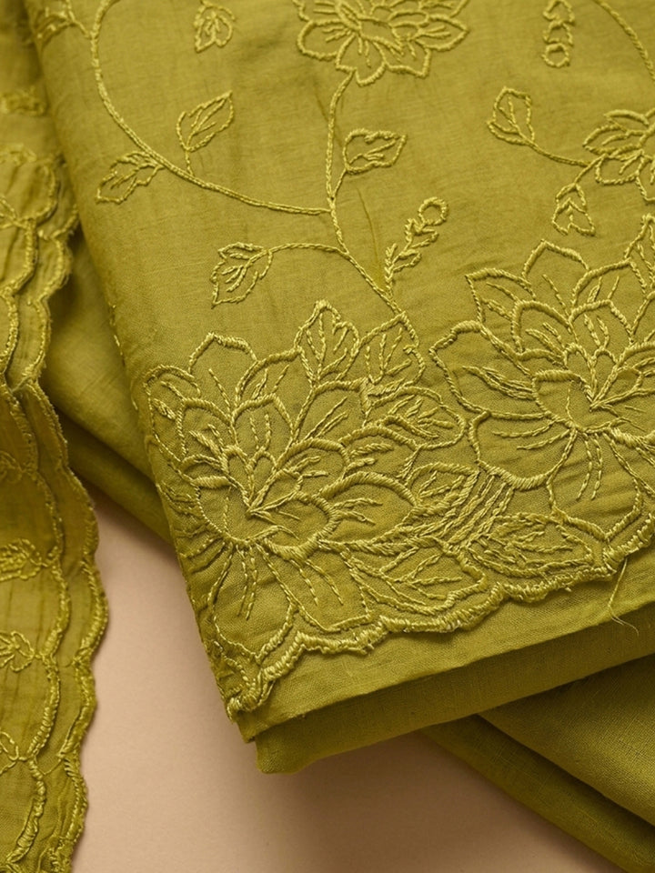Lemon Embroidered Chanderi Unstitched Suit &amp; Pant With Chanderi Dupatta