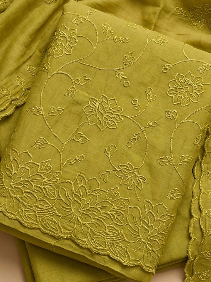 Lemon Embroidered Chanderi Unstitched Suit &amp; Pant With Chanderi Dupatta