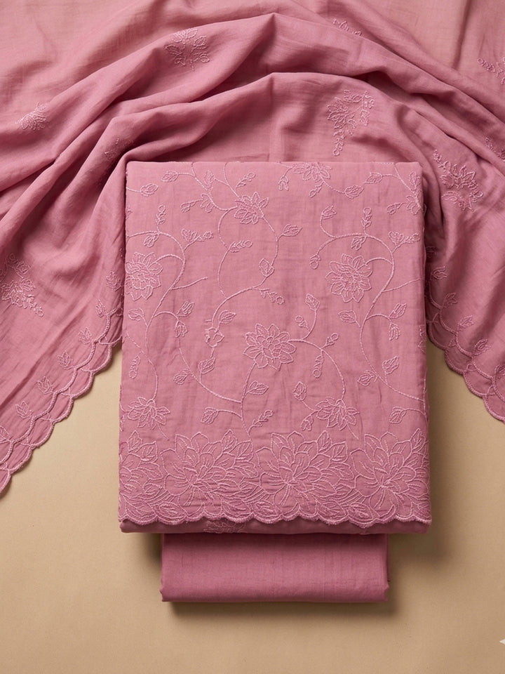 Onion Pink Embroidered Chanderi Unstitched Suit &amp; Pant With Chanderi Dupatta