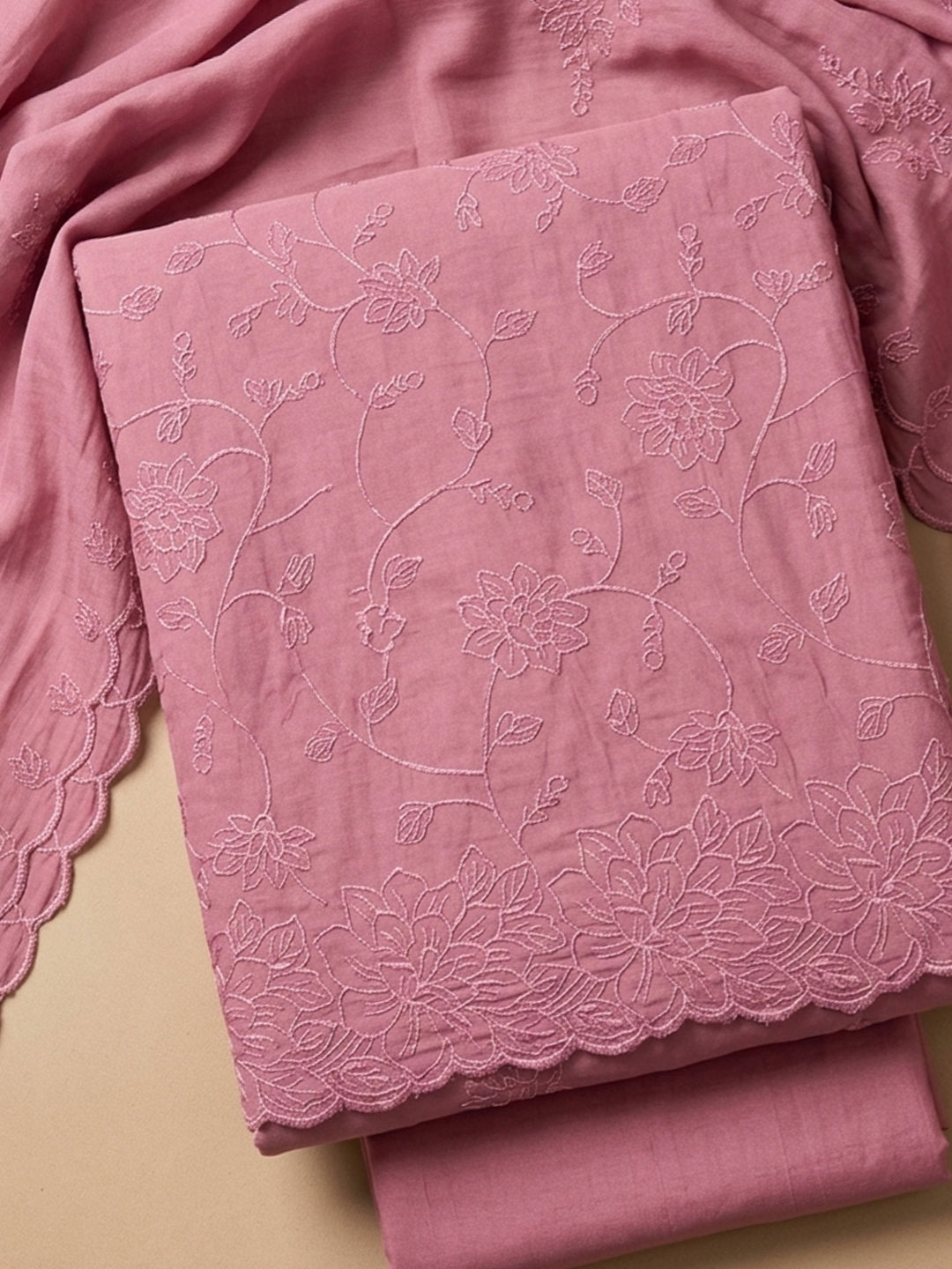 Onion Pink Embroidered Chanderi Unstitched Suit &amp; Pant With Chanderi Dupatta