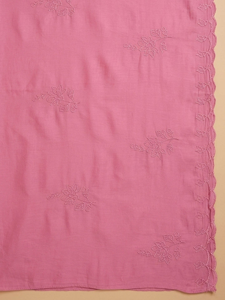 Onion Pink Embroidered Chanderi Unstitched Suit &amp; Pant With Chanderi Dupatta