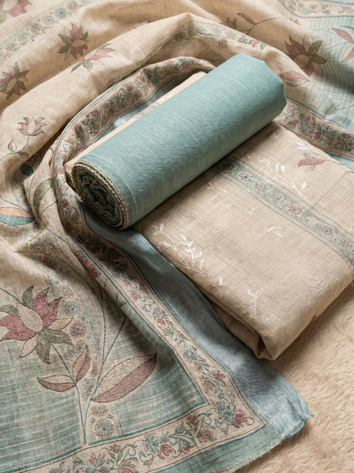 Neck Embroidered Linen Unstitched Suit With Dupatta