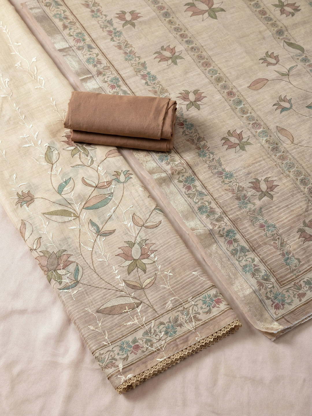 Neck Embroidered Linen Unstitched Suit With Dupatta
