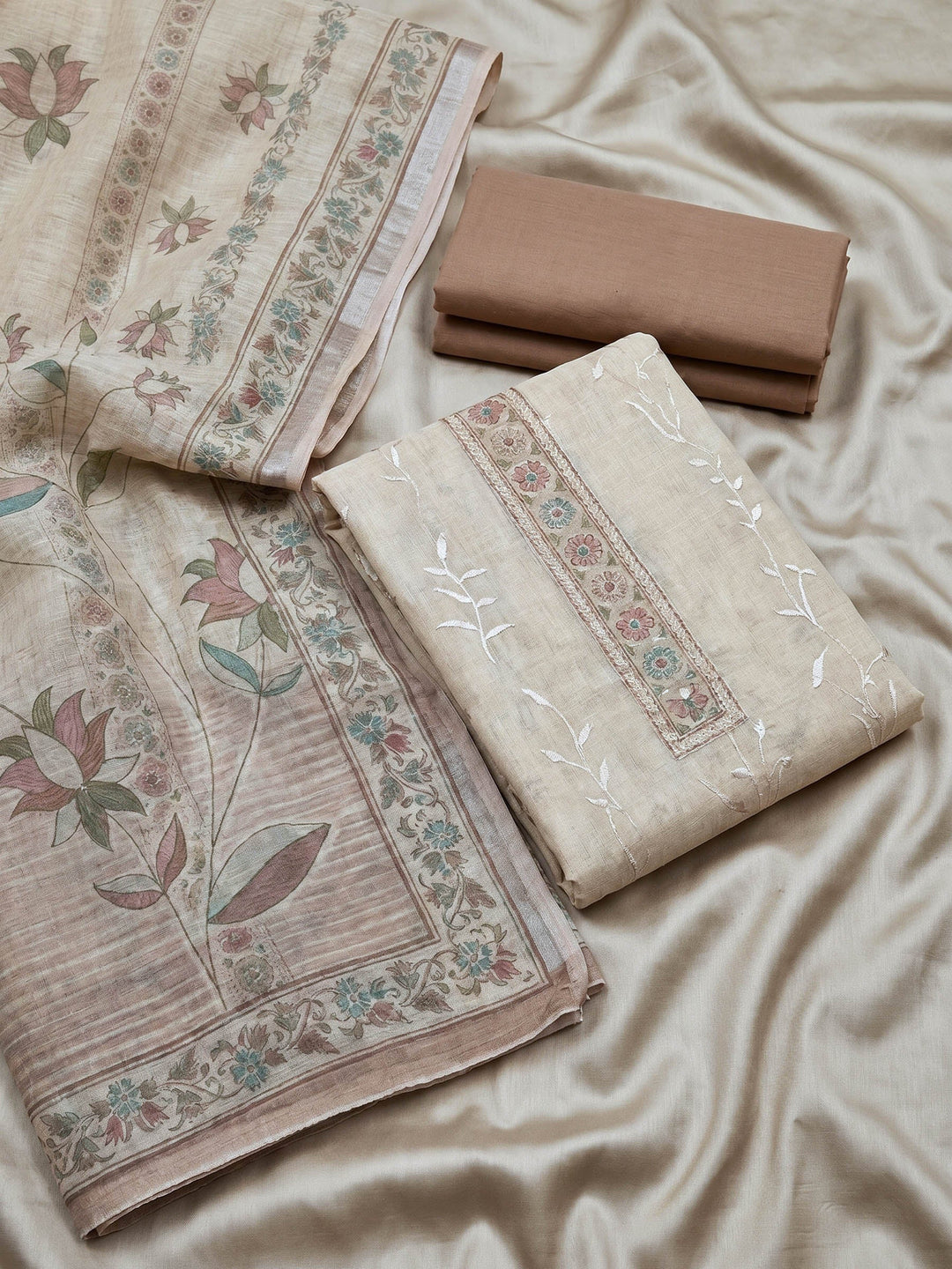 Neck Embroidered Linen Unstitched Suit With Dupatta