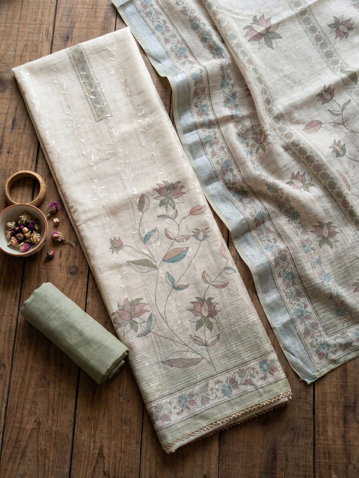 Neck Embroidered Linen Unstitched Suit With Dupatta