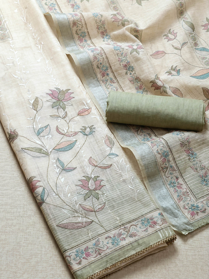 Neck Embroidered Linen Unstitched Suit With Dupatta
