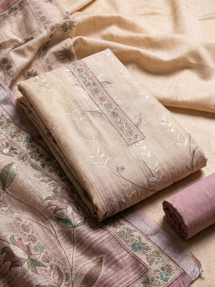 Neck Embroidered Linen Unstitched Suit With Dupatta